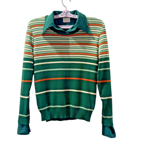 Vintage Sweaters - Vintage 70s Womens Dagger Collar Button Up Blouse Sweater Green Stripe Size L